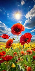 Fototapeta premium A group of red poppy flowers swaying gently in the breeze on a sunny field with bright blue sky