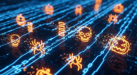 Glowing Halloween icons on a dark blue circuit board with digital traces and shimmering particles; concept for cyber security, digital celebrations and thematic presentation