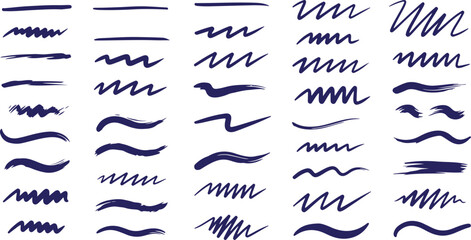 Collection of abstract hand drawn brush stroke lines and wavy shapes in dark blue ink
