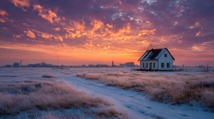 Pastel sunrise over frosted meadow and distant buildings
