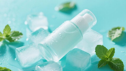 Frosted Glass Cosmetic Bottle with Pump on Ice Cubes and Mint Leaves &ndash; Fresh Skincare Product Photography