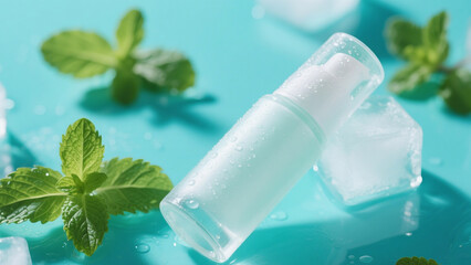 Frosted Glass Cosmetic Bottle with Pump on Ice Cubes and Mint Leaves &ndash; Fresh Skincare Product Photography