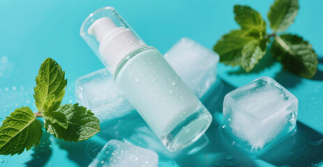 Frosted Glass Cosmetic Bottle with Pump on Ice Cubes and Mint Leaves &ndash; Fresh Skincare Product Photography