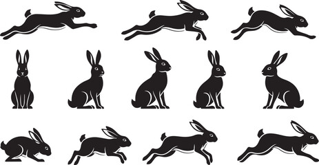 Collection of black rabbit silhouettes in various dynamic poses and actions