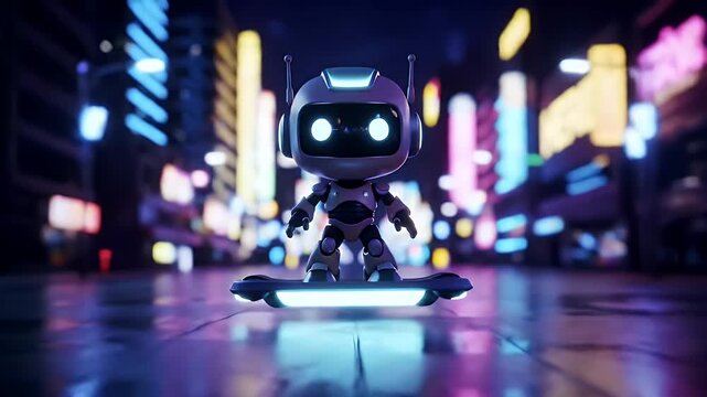 Charming and cute mecha robot character on a luminous hoverboard in a dazzling cyberpunk city with vibrant neon lights.