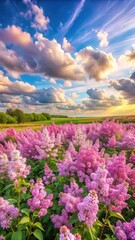 Fototapeta premium field of lilac bushes with pink wildflowers