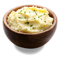 A wooden bowl with mashed potatoes inside white