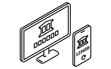 オンラインバンクに二段階認証をかけたセキュリティのフィンテックアイコン、白黒