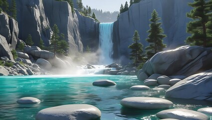 Majestic waterfall cascades into a turquoise river amidst rocky cliffs