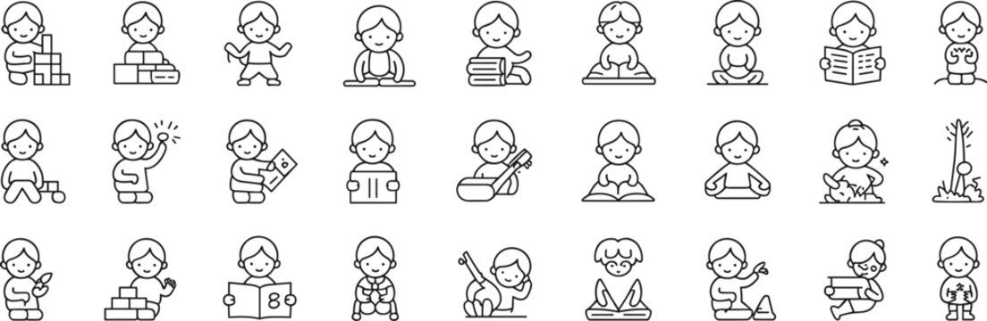 Kids education icons, children playing, studying, reading, learning activities, school subjects, creative playtime, educational growth, early childhood, flat vector illustration