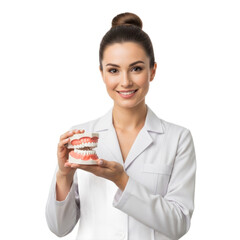 A smiling female dentist in a white coat holds a large dental jaw model for demonstration.