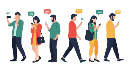 Obraz premium People engrossed in their mobile phones walking in a line