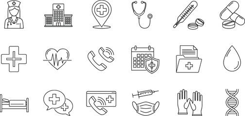 Medical icons, hospital building, nurse, stethoscope, pills, thermometer, syringe, gloves, DNA, healthcare consultation, blood drop, health record, flat vector illustration