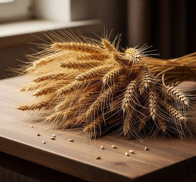 Golden wheat bouquet basking in sunlight on wooden table, evoking warmth and natural beauty
