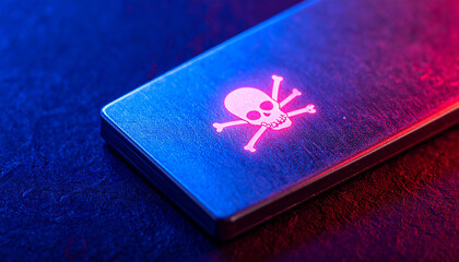 Danger Zone: A striking visual of a skull and crossbones illuminated on a metallic surface under a striking, moody lighting arrangement, subtly conveying a sense of peril. 