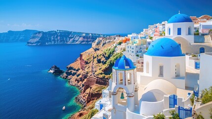 Fototapeta premium Scenic View of Santorini Island with Blue Dome Architecture and Stunning Seascape in Greece Under Bright Blue Sky