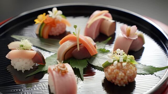 Exquisite Temari Sushi Assortment on Black Lacquered Tray Featuring Delicate Floral Garnish Sprouts Fresh Tuna Salmon and Other Seafood Varieties  Showcasing Japanese Culinary Artistry and Aesthetic