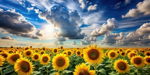 Fototapeta premium Clouds and sunflowers in a field