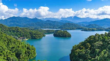 Serene Landscape of Mountains and Lake with Lush Green Forest and Clear Blue Sky in Daylight