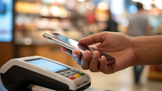 Hand holding phone over payment terminal mobile payment - Powered by Adobe