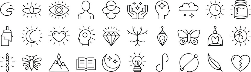 Spiritual icons, mindfulness symbols, moon and stars, meditation illustration, inner peace, healing energy, nature balance, personal growth, love heart, flat vector illustration