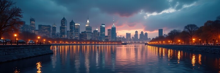 Obraz premium City skyline at twilight reflected in calm water.