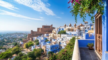 Obraz premium Scenic View of Blue City Houses with Fort in Background, Jodhpur, Rajasthan, India Under Clear Blue Sky
