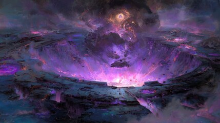 An otherworldly crater illuminated by glowing preservation symbols beneath a meteor shower.
