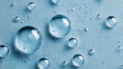 Close-up of transparent water droplets resting on a smooth, light blue with a soft background