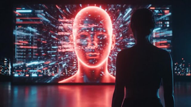 Silhouette Woman Faces Large Screen Showing Artificial Intelligence Concept