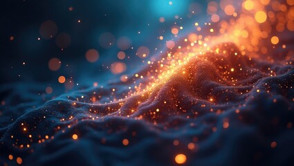 Abstract design of glowing particles on a textured surface.