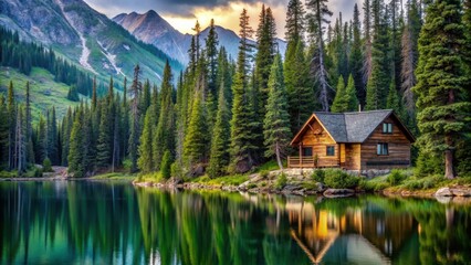 Cozy cabin nestled on a rugged mountain peak surrounded by evergreen trees and a serene lake