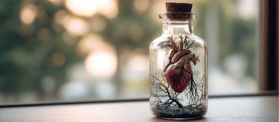 Anatomical heart model preserved in a glass jar with cork stopper, nestled among dark, twig-like elements on a windowsill