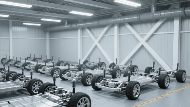 Industrial Warehouse Scene with Orderly Arranged Car Chassis in Modern Grey Tones