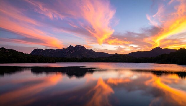 Breathtaking sunset reflecting off tranquil lake waters with mountainous backdrop