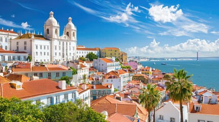 Scenic View of Colorful Rooftops and Miradouro in Lisbon with River and Bridges Under a Bright Blue Sky