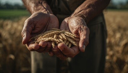 Farmer's hands holding ripe golden wheat ears in a field