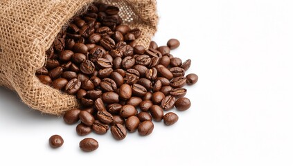 Fototapeta premium Roasted coffee beans spilling from a brown burlap sack on white