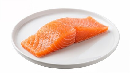 Two raw salmon fillets lying on a white round plate isolated on white