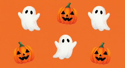 Halloween background, solid orange color base, oil paste illustrations of cute ghosts and pumpkins, soft pastel texture, playful minimal style