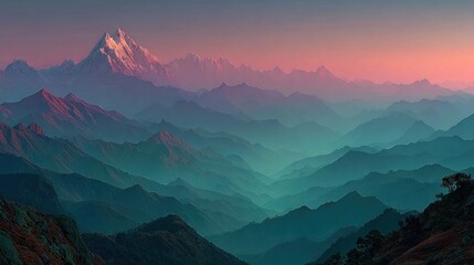 Pastel sunset over misty mountain range