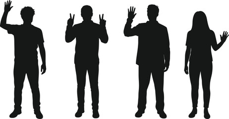 Silhouette of people raising hands, showing gestures, men and women standing, group communication, social interaction, unity, greeting concept, black © Creative Asif