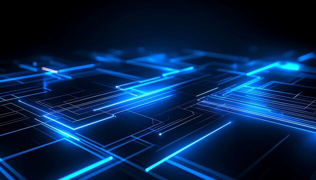 Abstract digital circuit board with glowing blue lines on a dark background, representing technology and data flow. - Powered by Adobe
