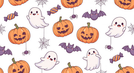 Fototapeta premium Cute seamless Halloween pattern, cartoon pumpkins, ghosts, bats, candies, spider webs, soft pastel orange and purple tones, kawaii style