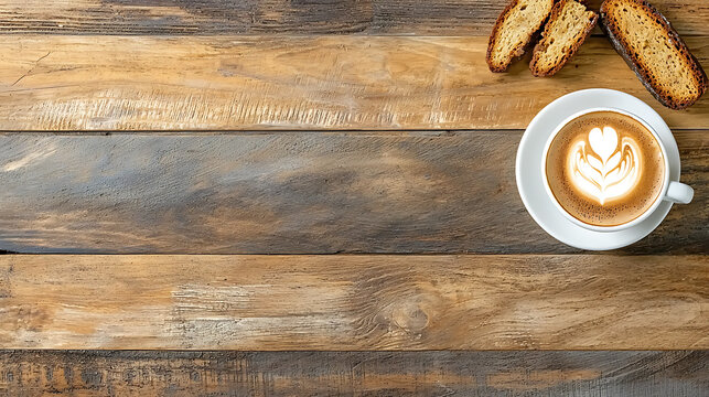 Frothy cappuccino with latte art served in white cup, accompanied by crunchy biscotti on rustic wooden table, evokes warmth and comfort