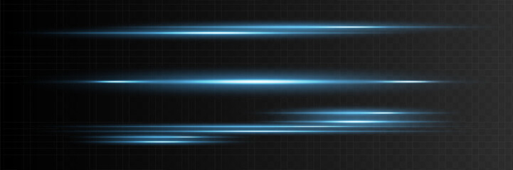 Blue horizontal lens flares pack. Laser beams, horizontal light rays.Beautiful light flares. Glowing streaks on dark background. Luminous abstract sparkling lined background.