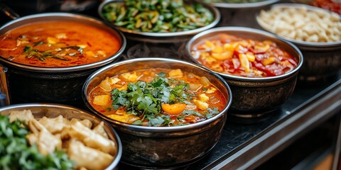 Fototapeta premium Assorted Indian Curry Bowls with Vegetables and Rice in Black Ceramic Dishes