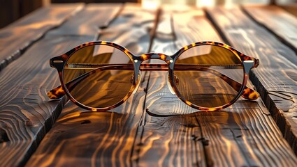 Stylish tortoiseshell sunglasses resting on a rustic wooden surface