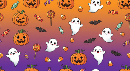 Fototapeta premium Seamless Halloween background, gradient orange to purple, cute cartoon pumpkins, ghosts, bats, candies, kawaii doodle style, playful seamless pattern, HD, 16:9