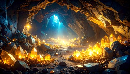 A cave filled with glowing golden crystals, illuminated by a bright blue light emanating from the cave's opening.